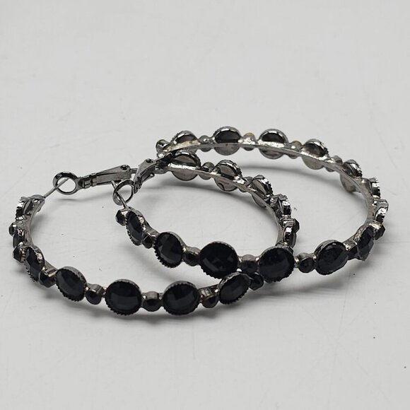 Black Rhinestone Silver-Tone Hoop Earrings 2" Round Vintage 1980s - Picture 4 of 5